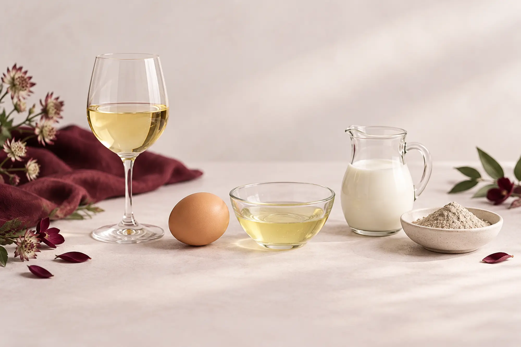 Schönungsmittel neben einem Glas Weißwein