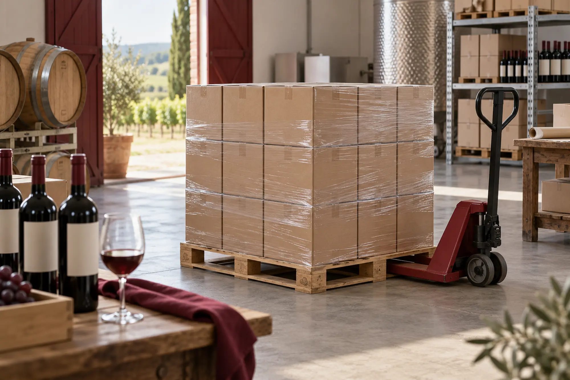 Weinkartons auf einer Palette für den Export